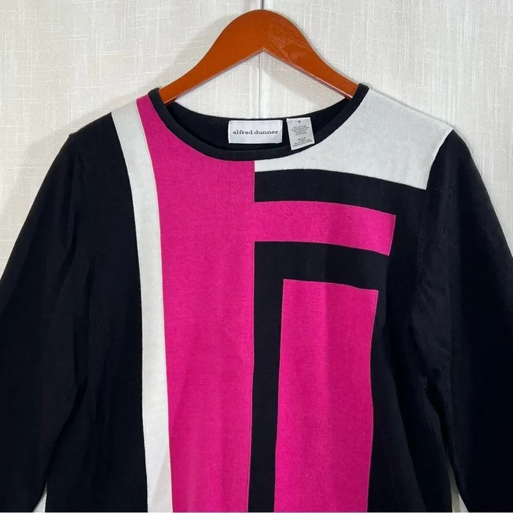 Alfred Dunner Abstract Color Block Pink Black White‎ Retro Knit Sweater Sz S